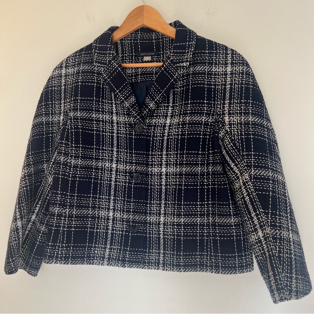 Tommy Hilfiger Navy and White Tweed Blazer Jacket Size 14